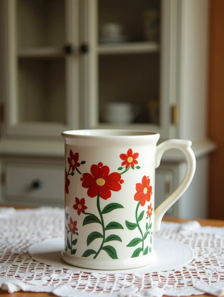 photo of an old Soviet white mug with red flowers painted on it, the mug is on a table on a lace tablecloth, with an old Soviet cupboard in the background