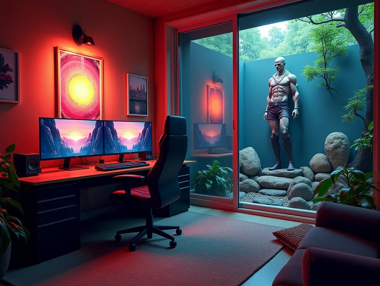 Gaming-Zimmer with three monitors, lighting with furniture with large Attack on Titan statue at the Zen-Garden with carefully tended rocks, a meditative 180 Degree shots 8K resolution Colorful