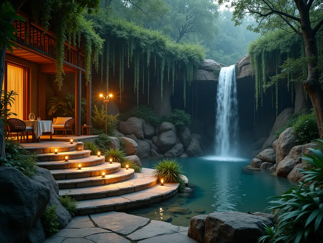 Create an image of an illuminated terrace with natural stone steps, table, chairs and a pretty woman in the foreground with sun hat in the jungle with large pond, waterfall, hanging plants, rocks with shrubs and photographic realistic details of parts and lighting.