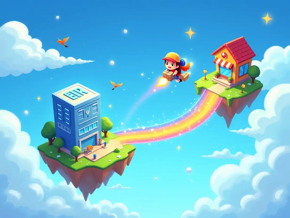 A vibrant, whimsical digital illustration showcasing two floating islands in the sky, each representing a distinct system. On the left, a sleek blue ERP island features a futuristic corporate-style building with glowing data servers. On the right, a lush green Marketplace island houses a charming storefront with shopping carts neatly arranged outside. Connecting the two worlds is a dazzling, multicolored rainbow bridge, shimmering with animated sparkles. A cheerful delivery character with a jetpack soars between the islands, leaving behind dynamic animated flame trails. The character carries a neatly wrapped package, symbolizing seamless data and product transfer. Around the scene, lively details add charm—flying data packets zip through the sky, tiny birds flit between the clouds, and twinkling stars accentuate the magical atmosphere. The overall style is playful, colorful, and engaging, making the concept of ERP-to-Marketplace integration both visually appealing and easy to understand.