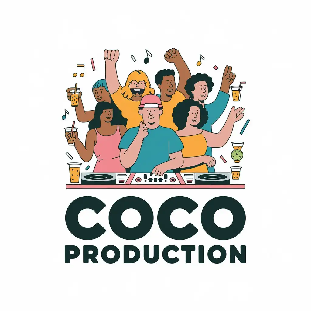 LOGO Design for Coco Production Diverse Dancing Figures with Music and Drinks Theme