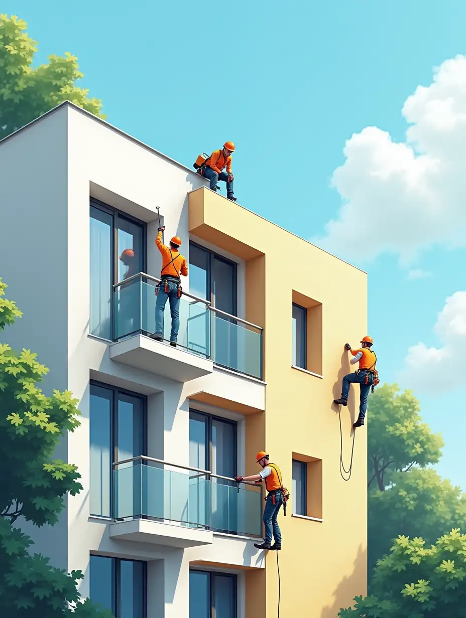 Create an image for advertising a company specializing in high-altitude work. The picture should show a modern apartment building where professional climbers are working: one insulates the balcony, another seals joints between panels, and the third paints the facade. Bright sunny sky, greenery around the house and an emphasis on safety and quality of work. The company logo should be placed on equipment or workers' uniforms. Style - realistic, with clear details and positive mood.