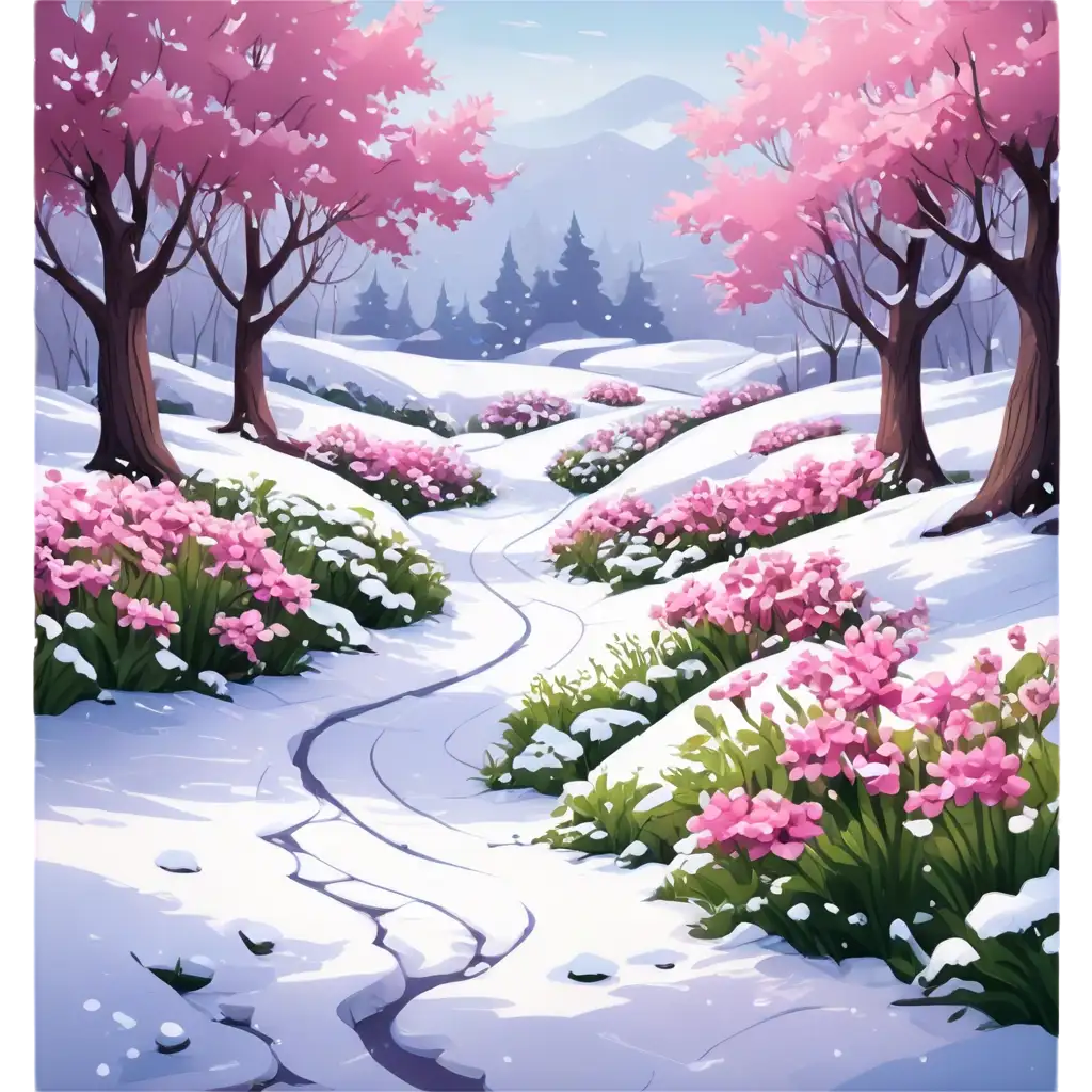 Cartoon-Style-Winter-Garden-PNG-Image-with-Purple-White-and-Pink-Flowers