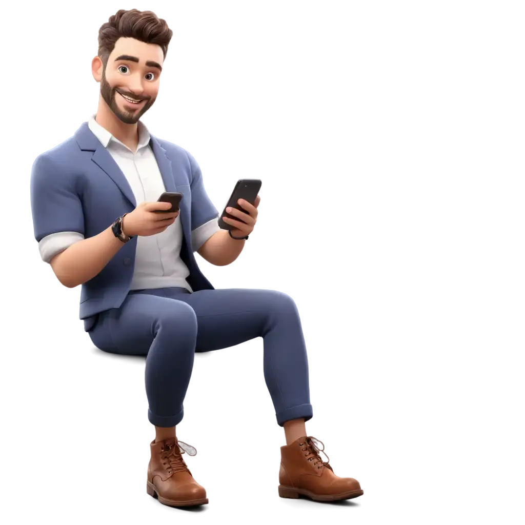 3D-PNG-Image-of-a-Man-Smiling-While-Looking-at-His-Phone-HighQuality-Digital-Illustration