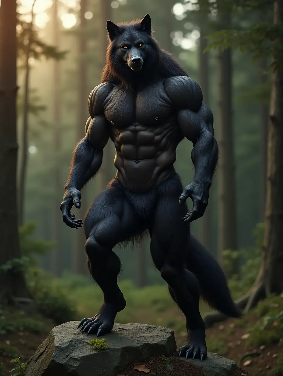 An athletic 20 year old wild Werewolf, with bulging six pack abs and pecs. His body covered in silky black fur and his shiny skin. Standing with a foot on a rock, in the forest hills, at noon. 3/4 face realistic photography, high precision and 4K definition.