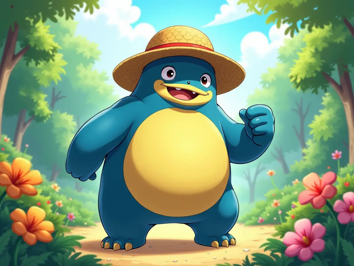 Create an illustration of Lufflax, a unique creature combining Luffy’s adventurous spirit and Snorlax’s massive frame. He stands in a vibrant, sunlit jungle clearing, surrounded by lush greenery and colorful flowers. Lufflax has a large, rubbery body with a playful expression, wearing Luffy’s iconic straw hat tilted slightly askew. His skin should be a mix of deep blue and soft yellow hues, reflecting his laid-back nature. The composition should capture him mid-action, preparing to unleash a powerful Gum-Gum attack, with exaggerated, dynamic poses. Use bright, warm lighting to emphasize his cheerful demeanor, and incorporate soft shadows for depth. The texture should be smooth and slightly glossy, evoking a playful feel. Aim for a high-resolution image (300 DPI) that conveys a sense of fun and adventure, with a whimsical, cartoonish art style.