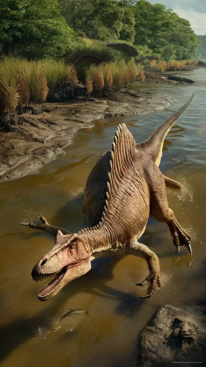 A Spinosaurus, photorealistic, detailed scales, long snout with conical teeth, powerful claws, swimming in a wide, muddy prehistoric river. Lush riverbank with mangroves and giant horsetails.  Fish jumping from the water.  Water splashes around the Spinosaurus.  Overhead shot, natural lighting, documentary photography style, paleontological illustration.