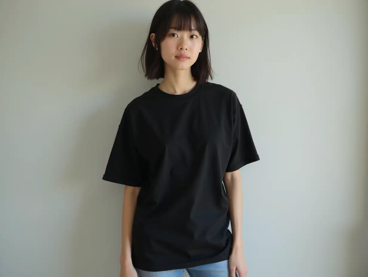 a japanese girl model wearing a tshirt. Full body image. black tshirt.