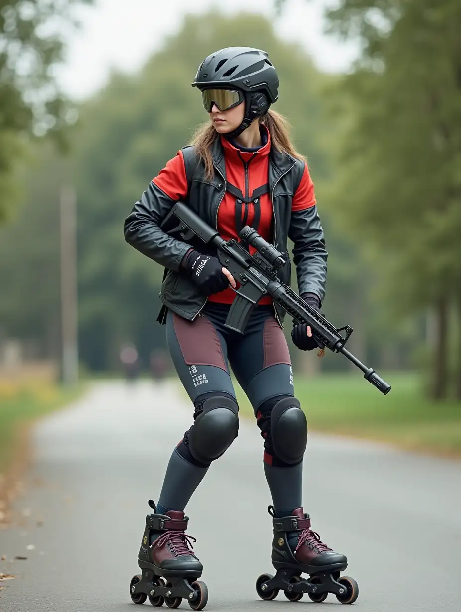 a 17 year old airsoft geared woman at a distance, she is skating in a park, holding a weapon, on an empty road, clothes have racing colors, she is wearing lots of functional sportswear, cycling gloves, airsoft helmet with transparent visor over eyes, smartwatch, thick plastic knee pads, modern inline skates with complete organized wheels