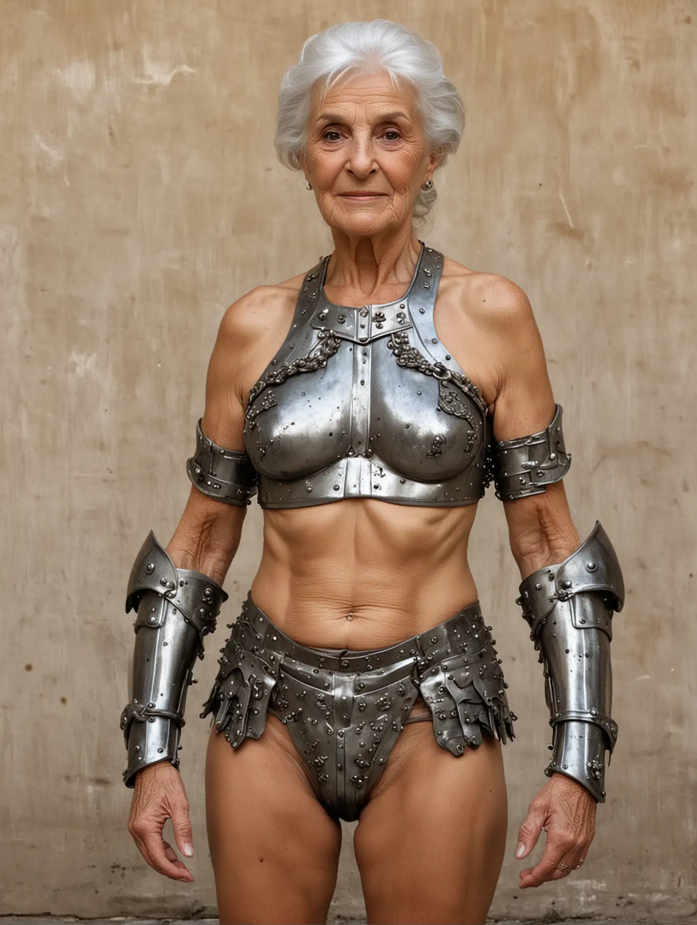 80 year old Italian woman, wearing bikini armor