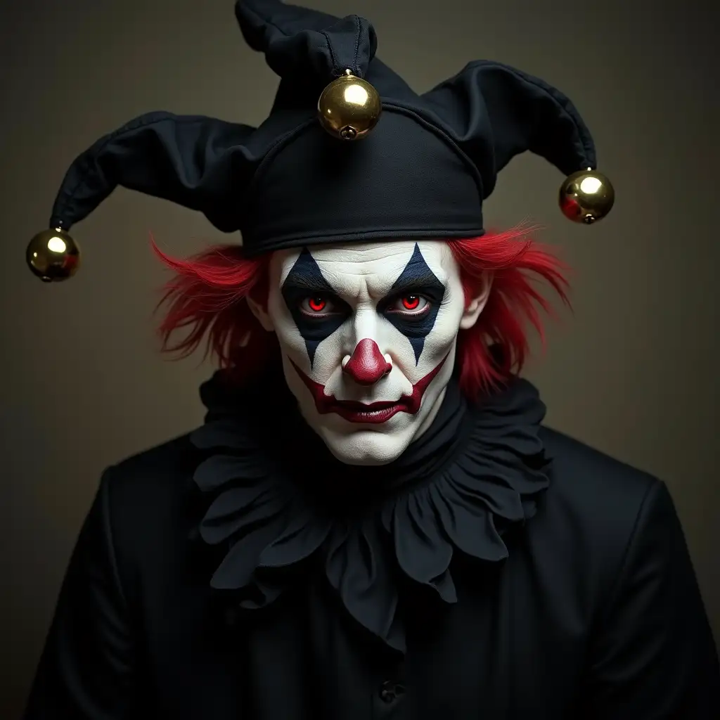 A buffoon in black clothes, in a jester's cap with 3 bells on it, with hellishly red hair and red eyes, a pale face