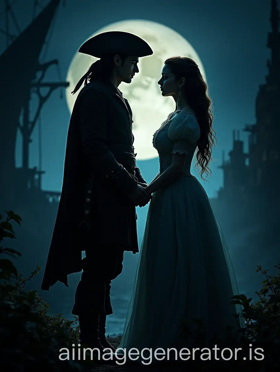 The cover of a book (in dark tones) depicting the shadows of two lovers in moonlight (a pirate boy with the looks of actor Orlando Bloom and a beautiful aristocratic girl resembling Emma Watson), with various pirate details in the background.