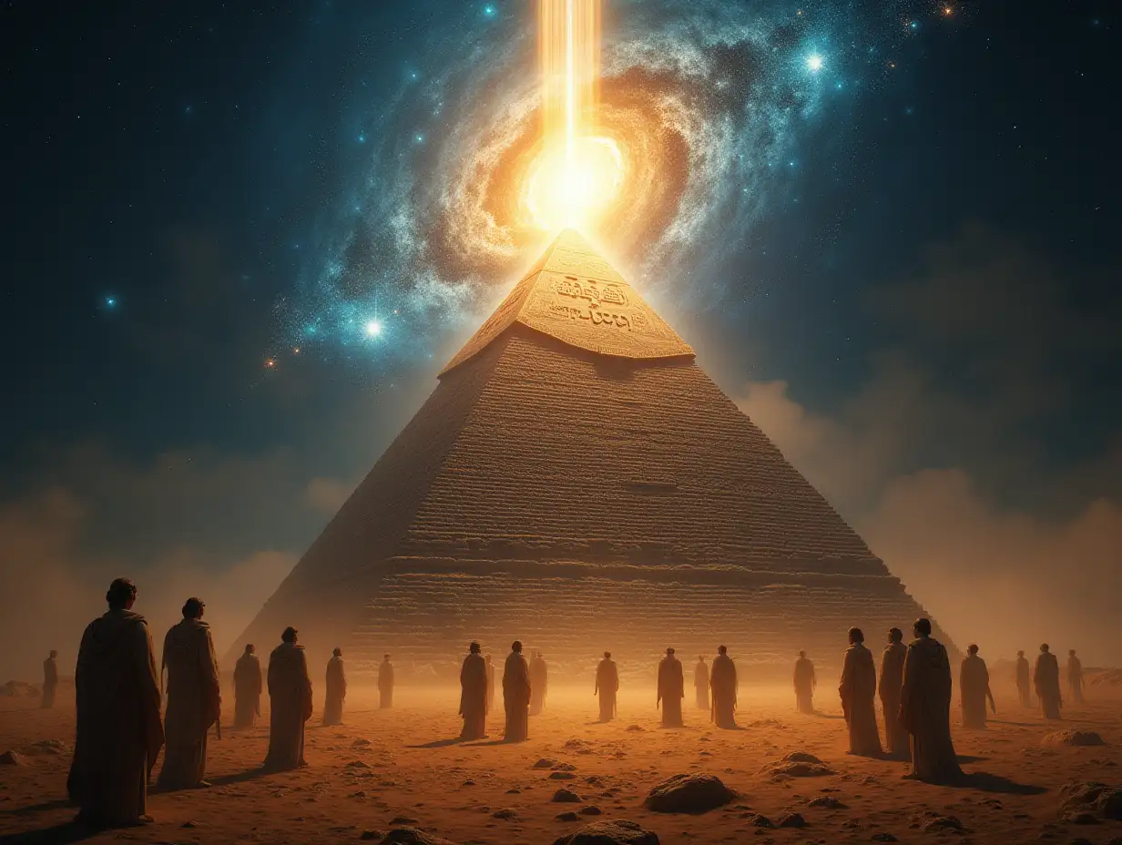 A hyper-realistic 16K resolution image of an ancient Egyptian pyramid during a cosmic alignment. Beams of intense, otherworldly light erupt from the apex of the pyramid, connecting it to a shimmering portal in the sky filled with swirling galaxies and stars. The desert below is bathed in a mix of golden and ethereal blue light, with ancient figures in ceremonial robes gathered around, their faces lit with awe and reverence. The intricate carvings on the pyramid glow faintly, as if activated by the cosmic event.