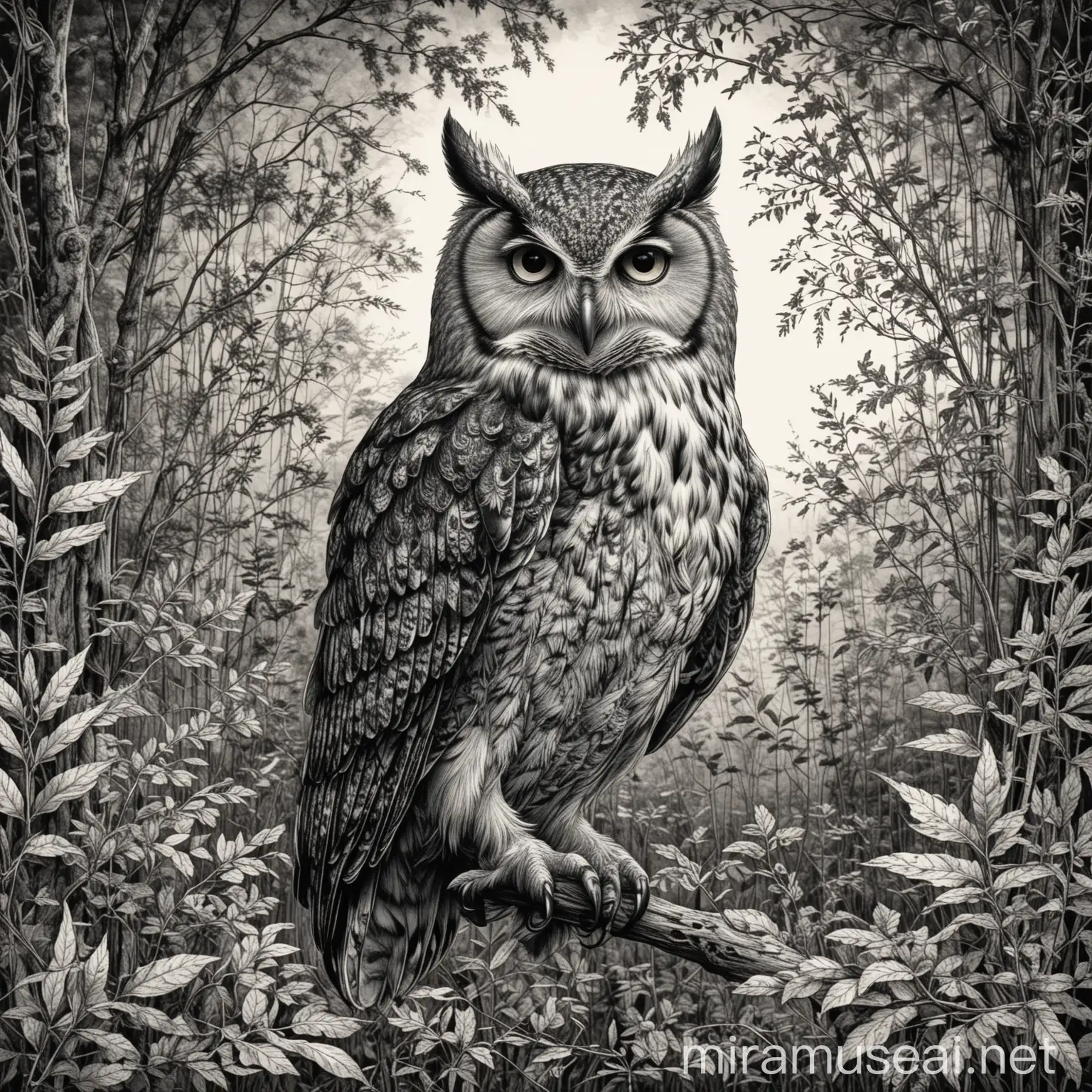 Detailed Black and White Pen and Ink Illustration of an Owl with Vegetation Background