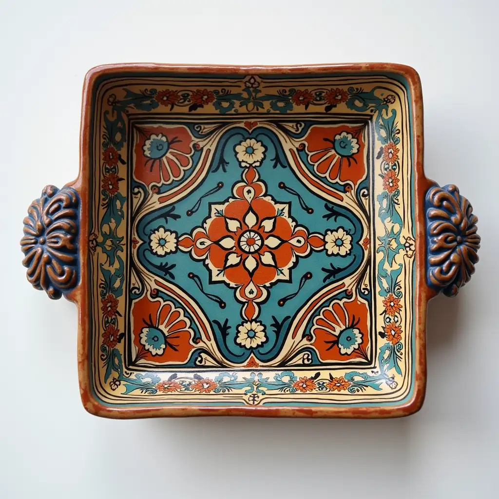 Square with rounded corners ceramic serving dish with embossed beautiful handle, antique and old, Qajar art, Iranian Tabriz carpet design