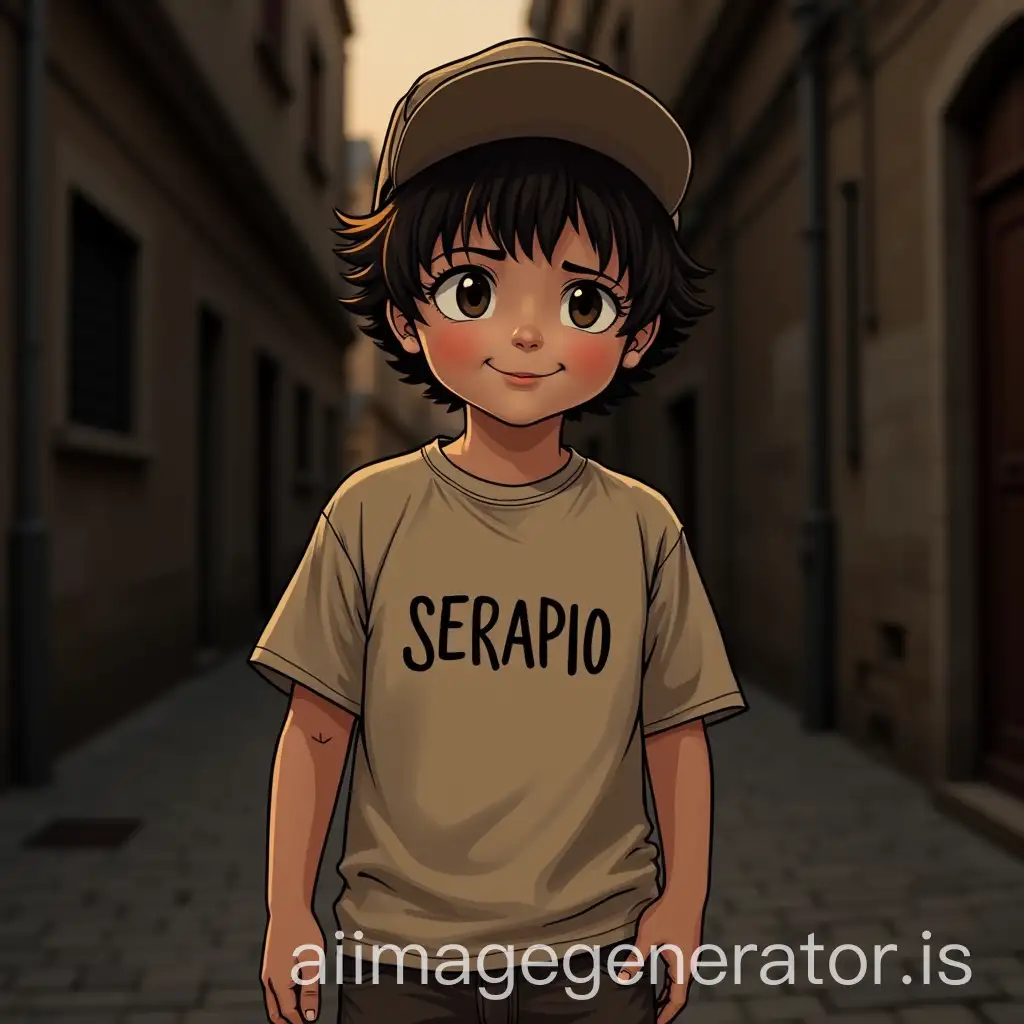light and dark brown, with a very very light brown t-shirt in the center saying SERAPIO, behind a child a dark alley and the image of a comic boy with a brown cap
