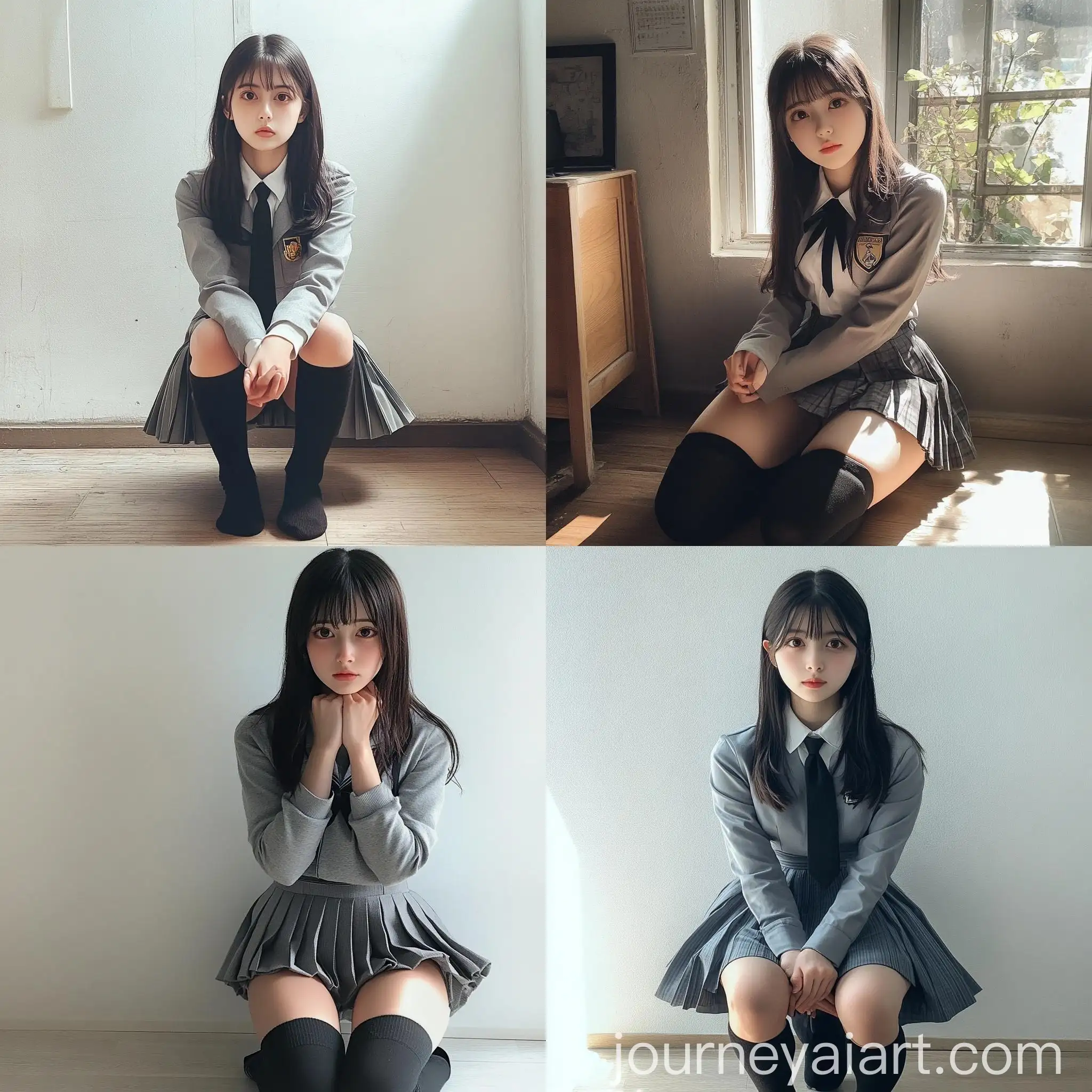 Young-Woman-in-School-Uniform-Kneeling-Pose-Natural-iPhone-Photo