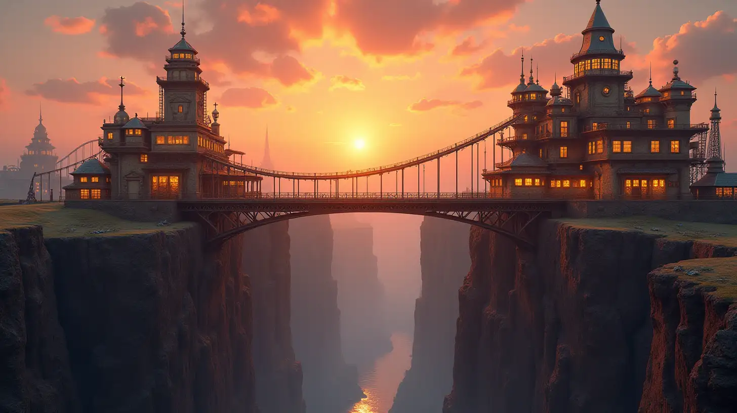 Steampunk Buildings on a Bridge Overlooking a Precipice at Sunset