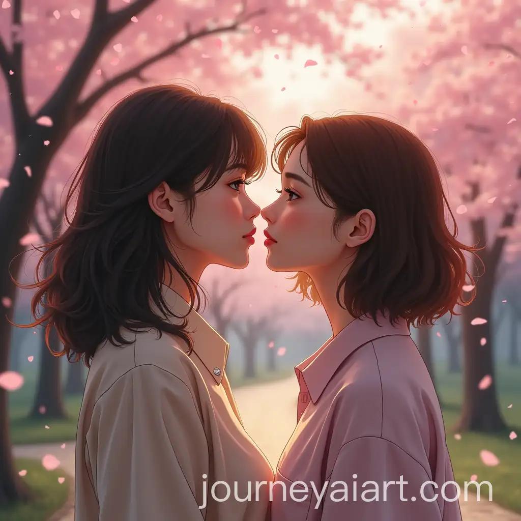 Two-Women-Gazing-at-Each-Other-Under-Cherry-Blossoms-in-Korea