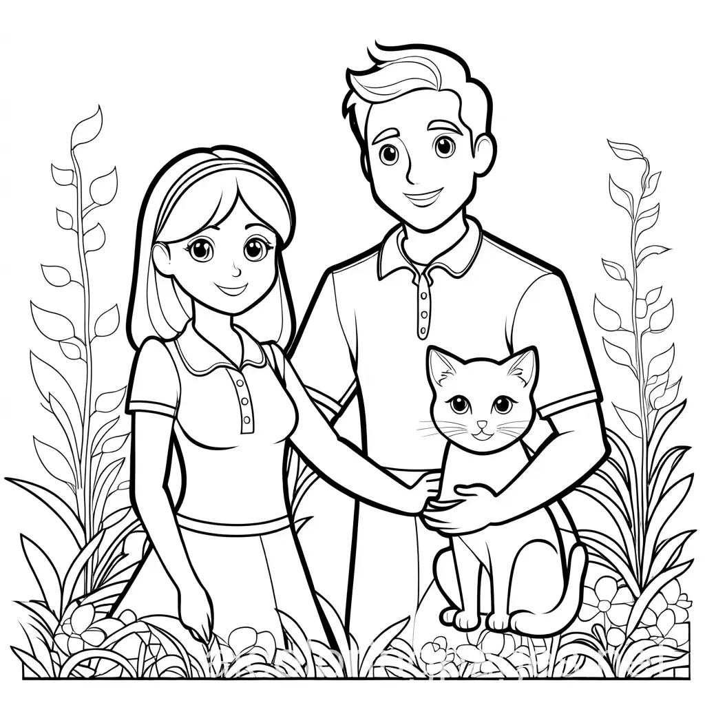 Cartoon-Man-and-Woman-Holding-a-Kitten-Coloring-Page