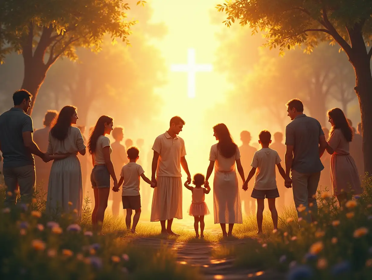 An inspiring visualization of humanity's relationship with God and one another, reflecting the divine community of the Father, Son, and Holy Spirit. The scene features diverse people engaging in acts of connection—families embracing, friends laughing, and communities working together—all set in a radiant natural environment. In the background, a subtle heavenly glow symbolizes God’s presence, tying these relationships to the divine. The atmosphere is one of harmony, love, and unity, illustrating that just as God exists in eternal connection, we too are made for meaningful relationships with God and each other.