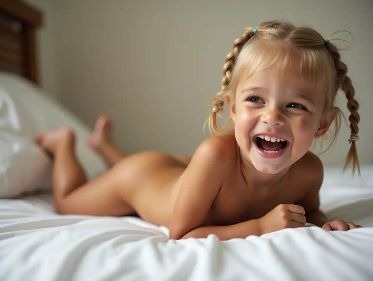 Joyful-Slender-Girl-Laughing-on-Bed-with-Braids