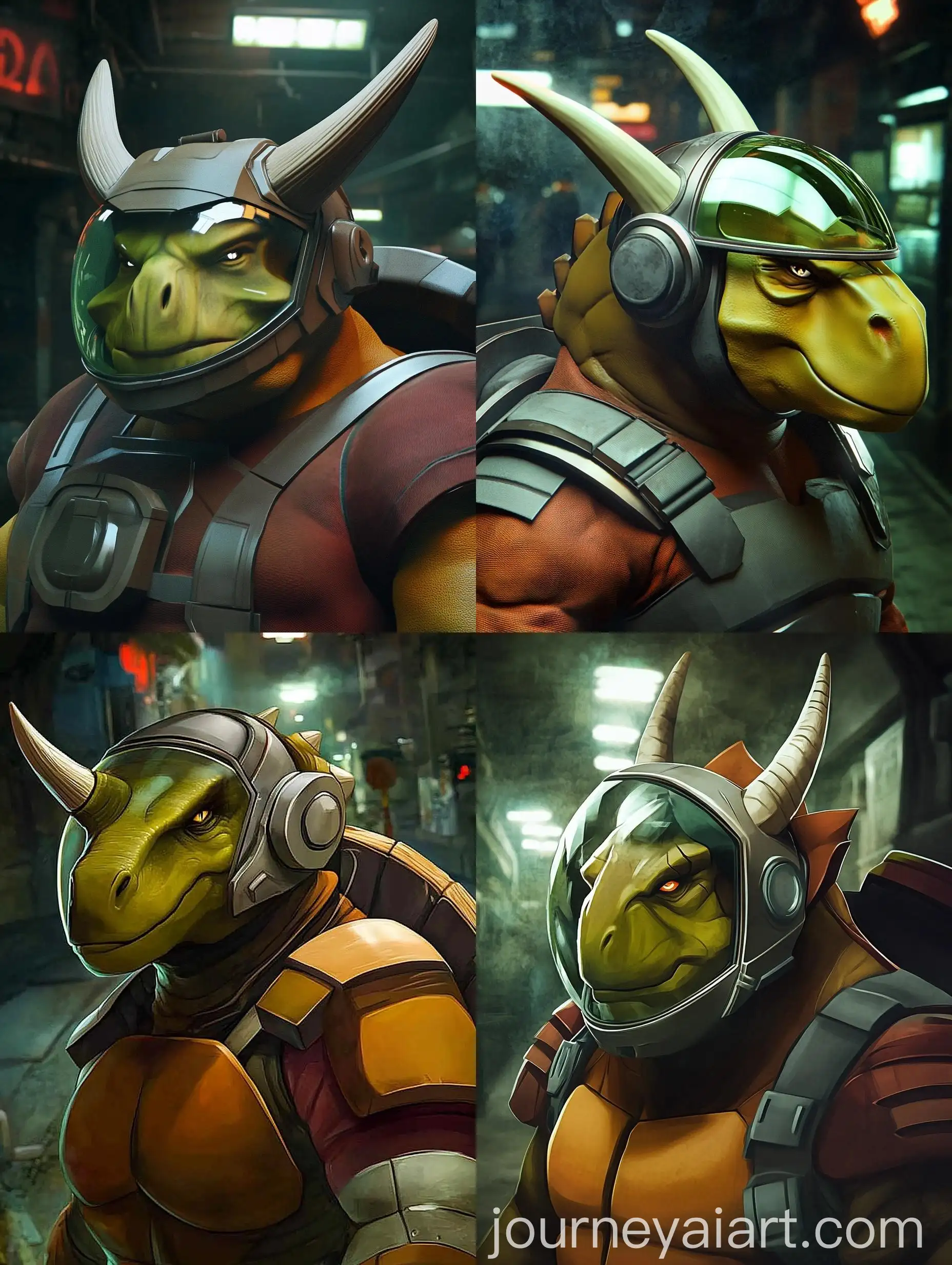 SandyOrange-Dinosaur-Triceratops-Alien-in-Dark-Night-Alley-Simplified-Style