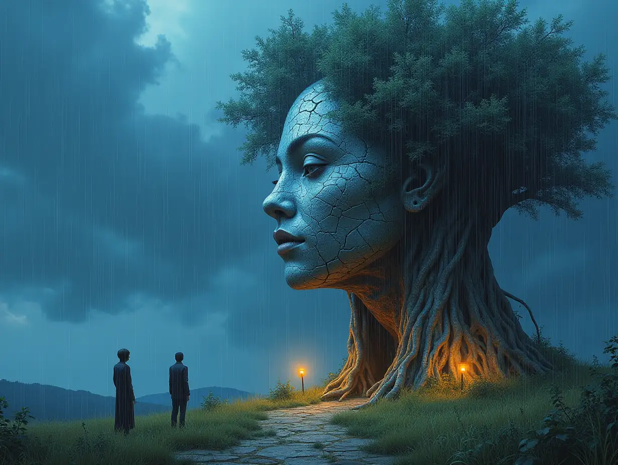 Creating a digital painting of a face with hair transformed into a building with silver stones and illuminated trees with roots and lanterns and strange alien beings on a meadow in the rain blue sky