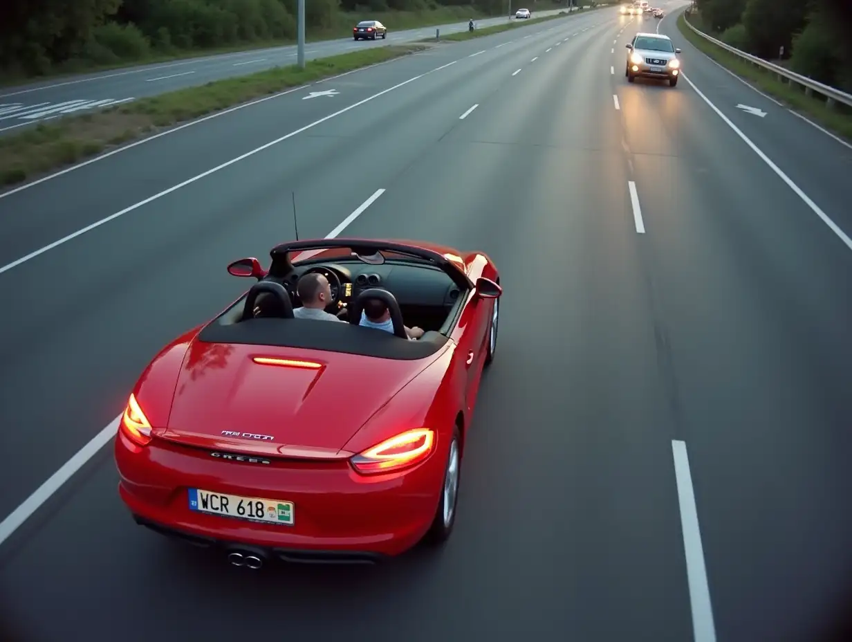 Scene of a traffic surveillance camera during the day. The red convertible sports car is red, and the driver looks shocked at the camera. The road scene shows clear road markings and other vehicles in the background. A strong flash illuminates the moment of getting flashed. The perspective should be that of a traffic surveillance camera.