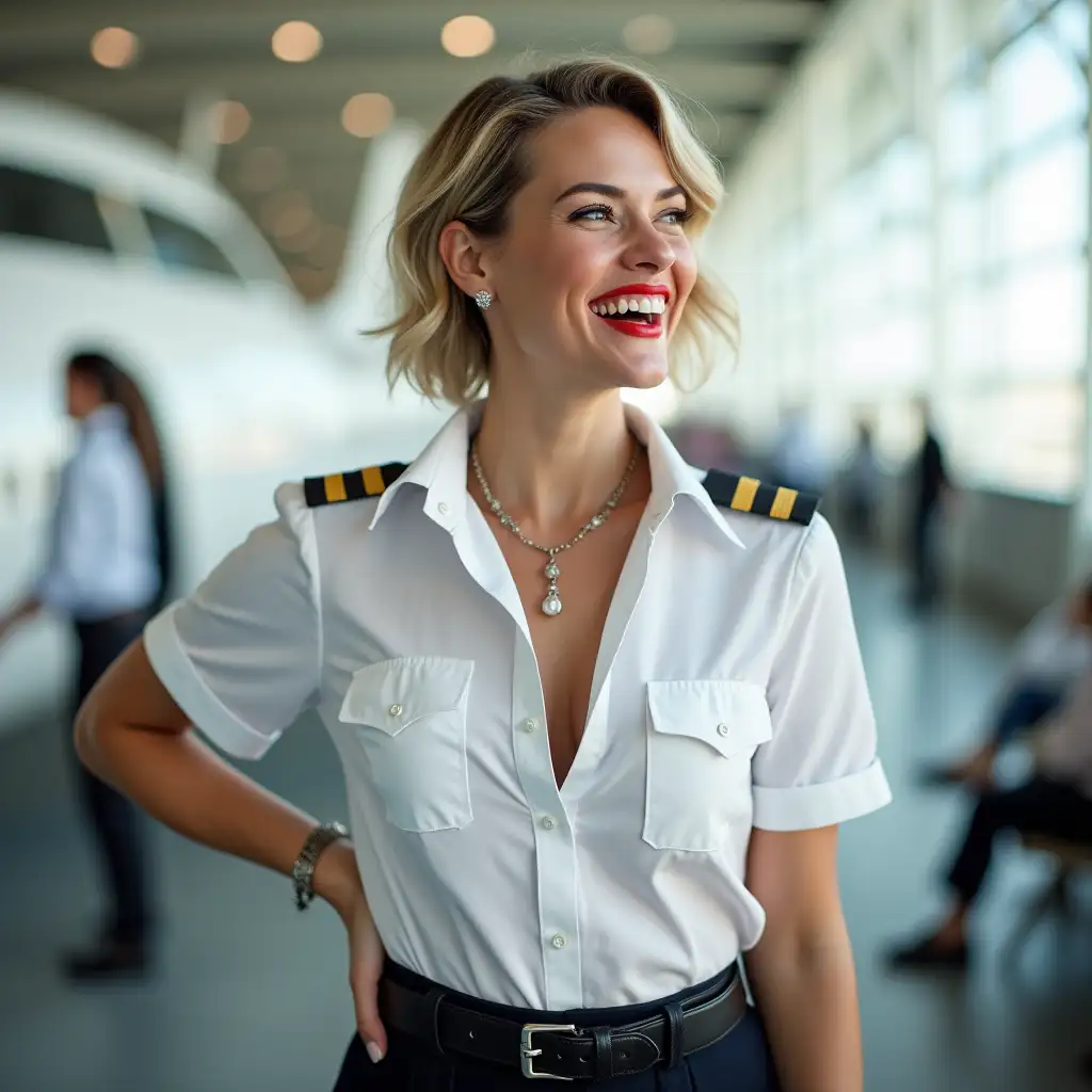 white norvegian curvy pilot lady, in white unbuttoned pilot shirt, laughing with her mouth open, red lipstick accentuating her smile,belt on waist, big wide hips, chest are fully grown, jewerly, short hair, HD, enjoying at airport , photo-realism