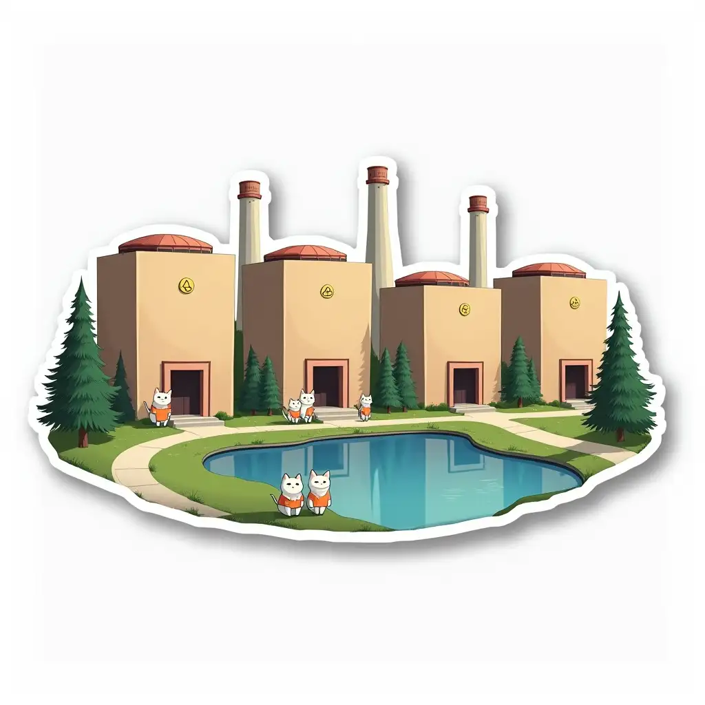 a curvilinearly cut-out sticker depicting a nuclear power plant with 5 (five) cubic light brown color power unit building with round in roofs in a row, buildings in the industrial style of power plants. behind them is a pond with coniferous trees along the paths. Next to the buildings are small white cats in the workers clothes. cut sticker design, high resolution, white background, paint in anime style