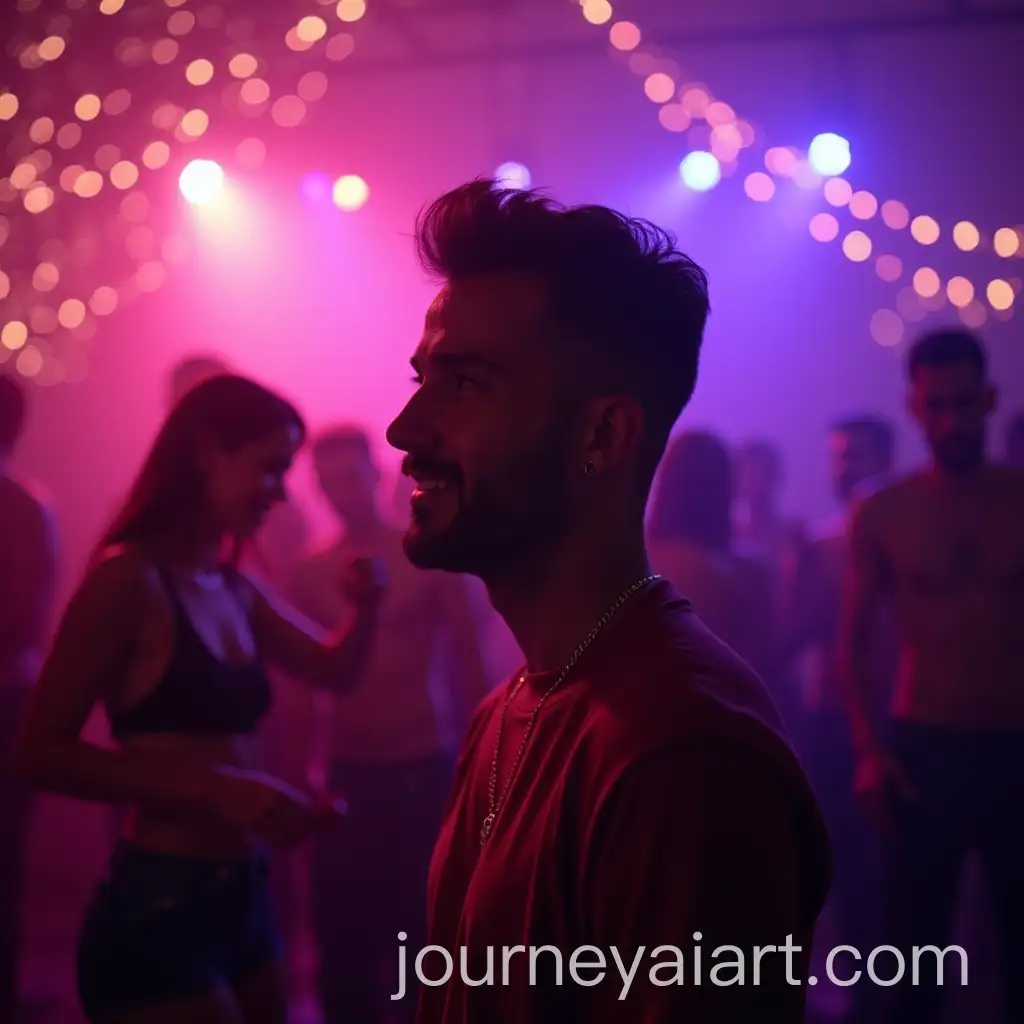 Man-at-Home-Party-Surrounded-by-Dancing-People-and-Sparkling-Lights