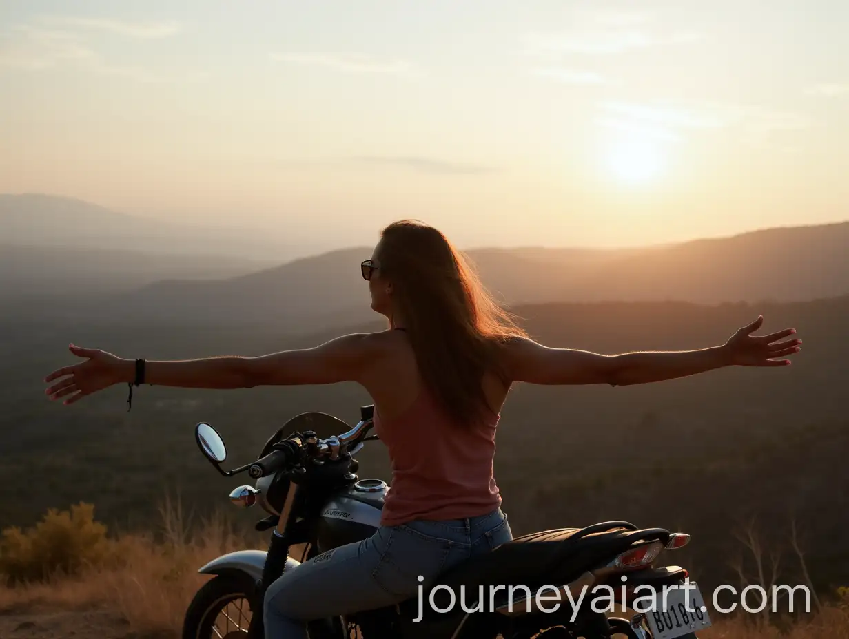 Woman-Riding-Motorcycle-with-Outstretched-Arms-and-Sunset-Over-Mountains