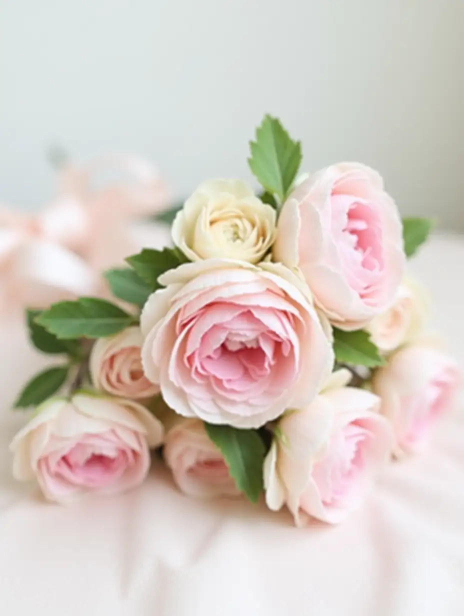 The image shows an arrangement of delicate flowers, mainly composed of pastel pink ranunculus, placed on a soft and clear surface that seems to be a table covered with a white or pink cloth. The flowers have very defined, soft and rounded petals, arranged in layers that give them a voluminous and rich texture. Some flowers are fully open, while others remain in bud stage, adding dynamic and visual contrast. In the background, there are green leaves with irregular edges that add freshness and natural touch to the floral arrangement. Also, you can see a satin ribbon, soft pink, tied elegantly and blurred towards the back, which adds a romantic and soft touch to the composition. The lighting is diffuse, probably natural, creating an ethereal and bright atmosphere, with soft shadows that do not distract from the main subject. The background is minimalist and defocused, white pure that emphasizes even more the pink and green tones of the arrangement. The combination of colors and elements creates a delicate, romantic and sophisticated atmosphere.