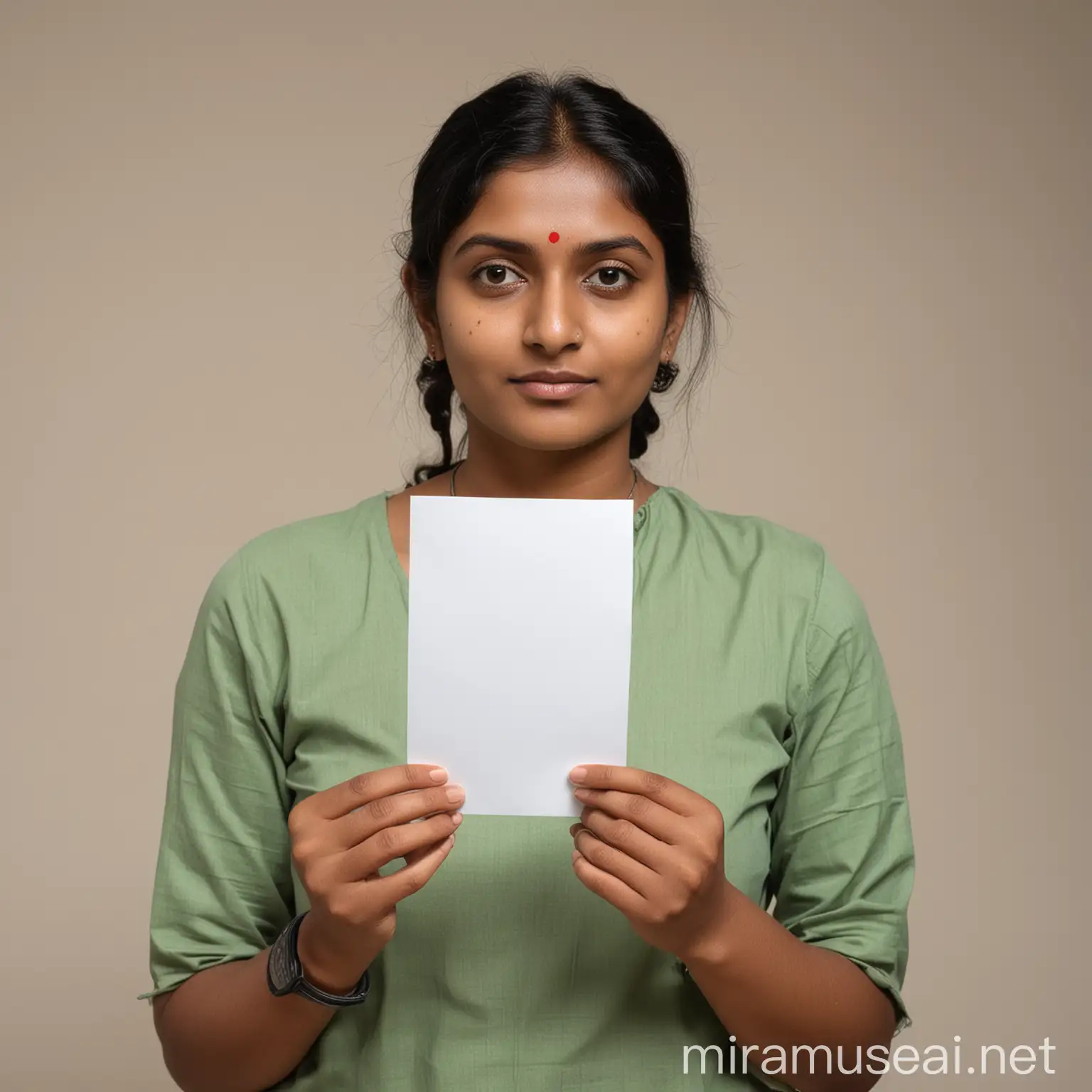 Indian Woman Holding Blank Paper Facing Camera