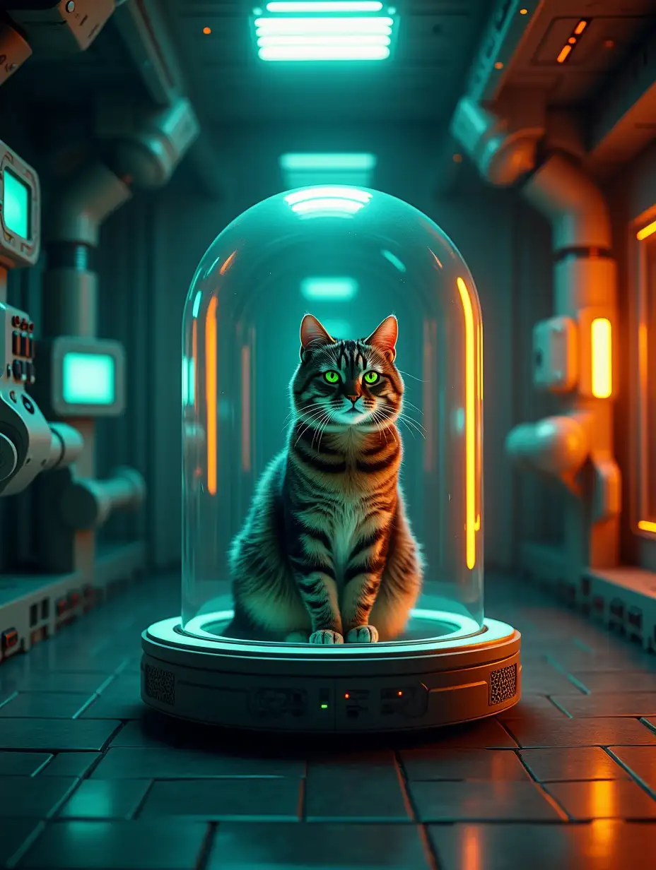 A hyper-realistic, ultra-detailed 16K image of a futuristic laboratory interior. At the center, a majestic tabby cat with glowing green eyes is sitting inside a transparent, high-tech stasis pod with a smooth glass dome. Surrounding the pod are illuminated control panels and robotic arms, all designed with sleek cyberpunk aesthetics. The lighting is dramatic, with vibrant orange and teal hues reflecting off the metallic surfaces, creating a mysterious yet advanced atmosphere.