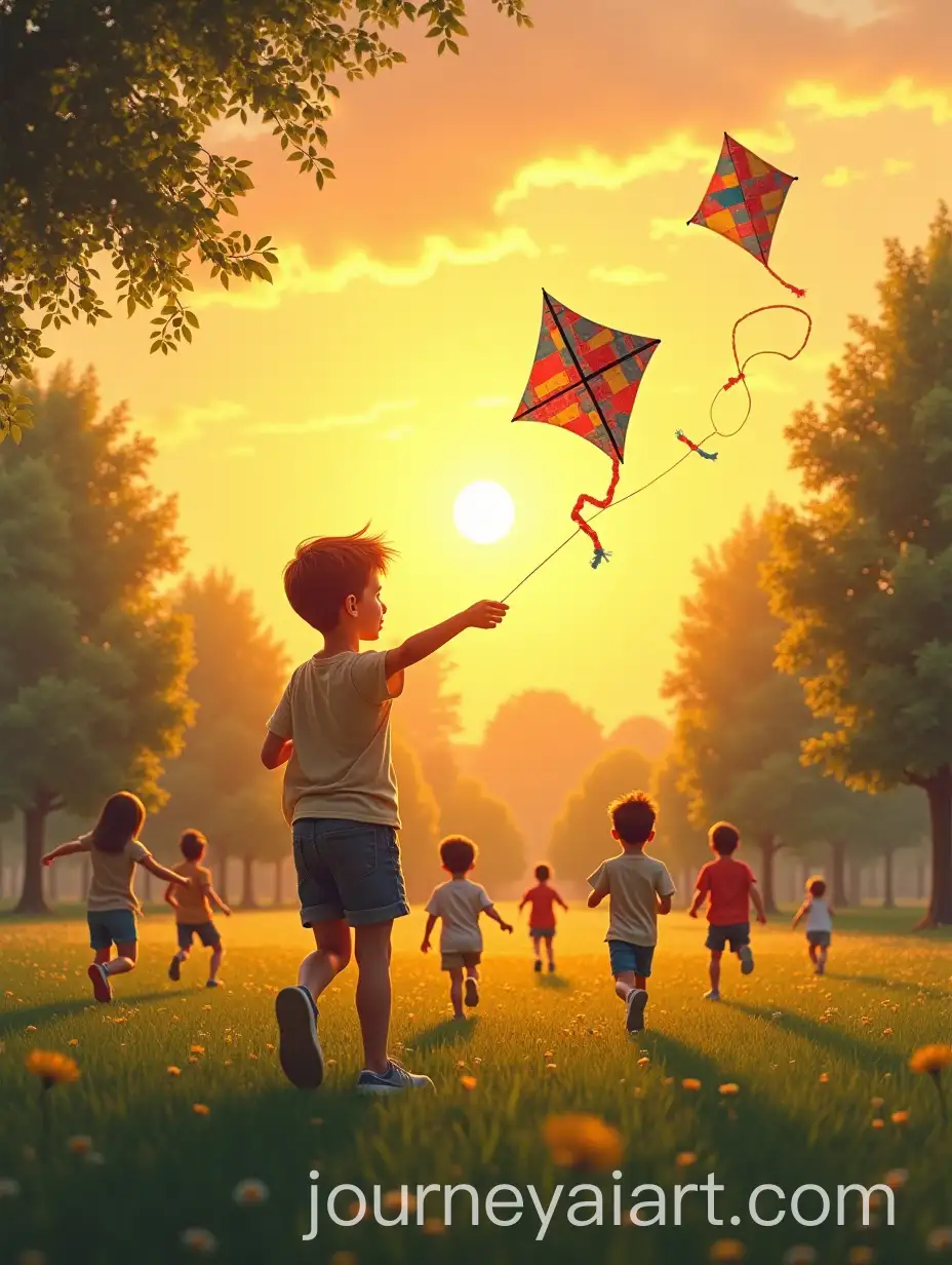 Boy-Flying-Homemade-Kite-at-Sunset-in-Park-with-Memories-of-His-Mother