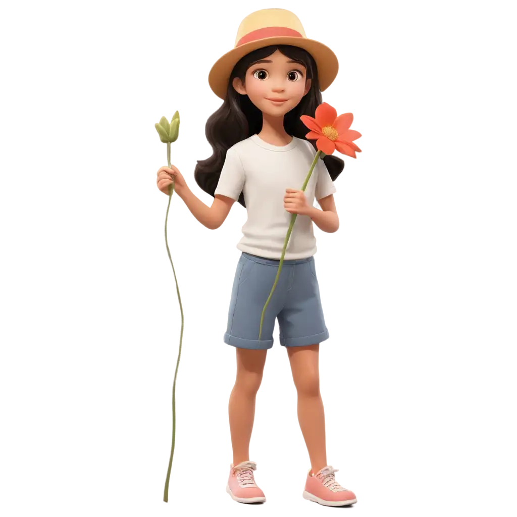 Cartoon-Style-PNG-Image-of-a-Little-Girl-with-Hat-Holding-a-Flower