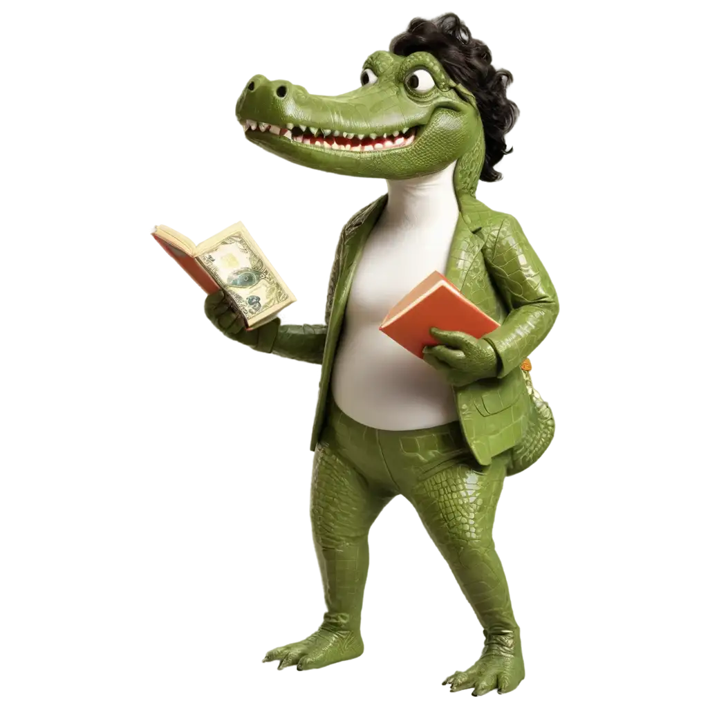 Female-Crocodile-Holding-a-Book-and-Dollar-Bills-PNG-Image-Creative-Concept-Illustration