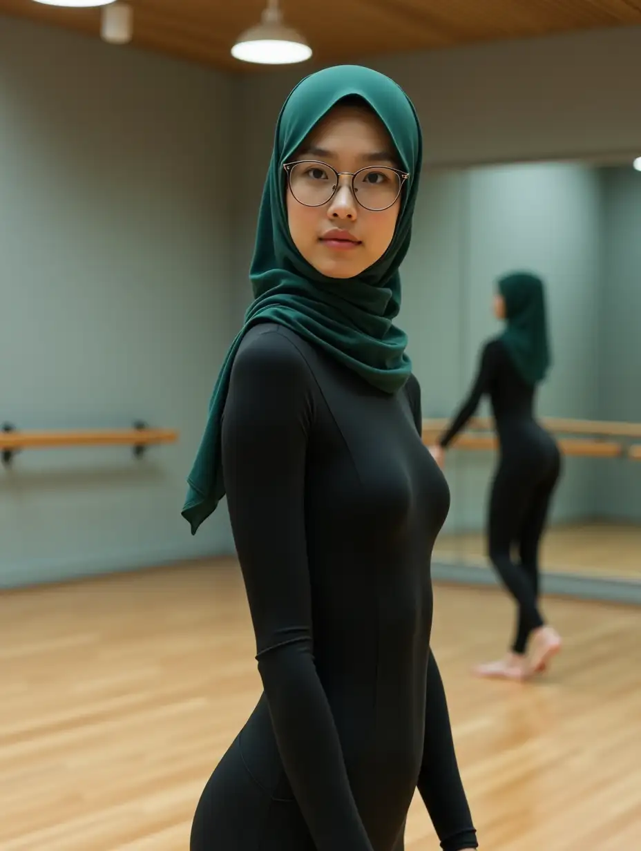 Serene-and-Focused-Asian-Woman-in-Black-Swimsuit-Performing-Modern-Dance-in-Studio