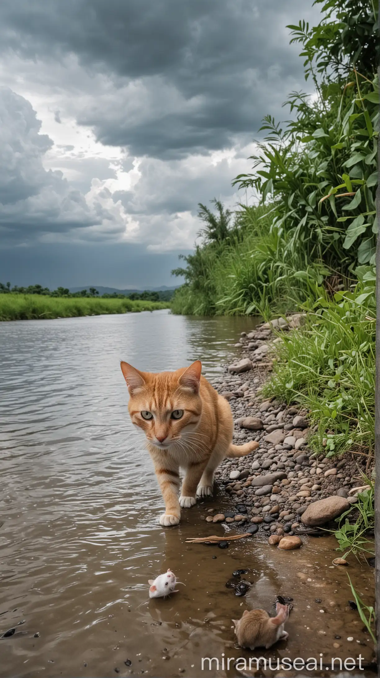 Cat Eating Mouse by the River in Cloudy Weather