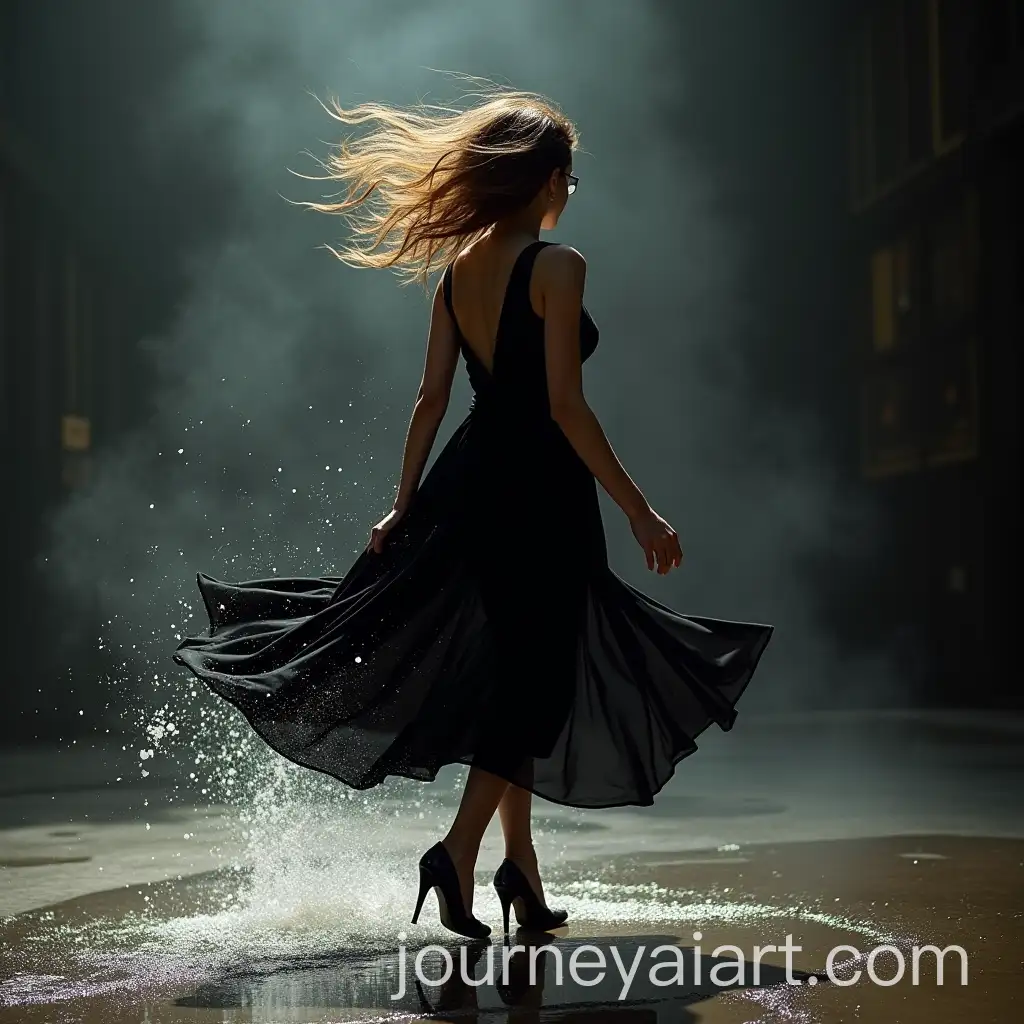 Elegant-Woman-in-Windblown-Dress-Surrounded-by-Falling-Ring-and-Water-Splashes