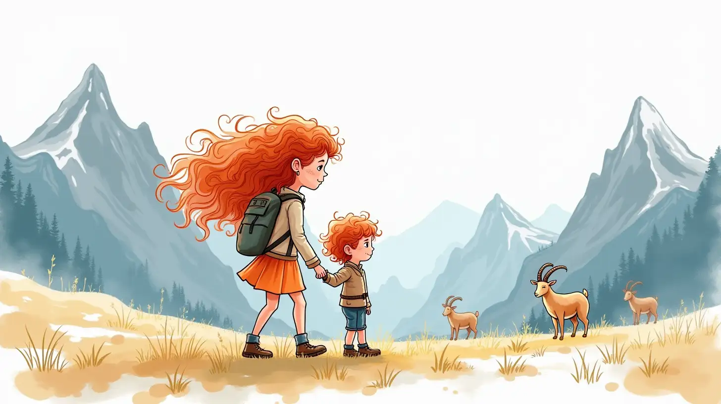 Whimsical Hiking Adventure with Children Against Majestic Mountains