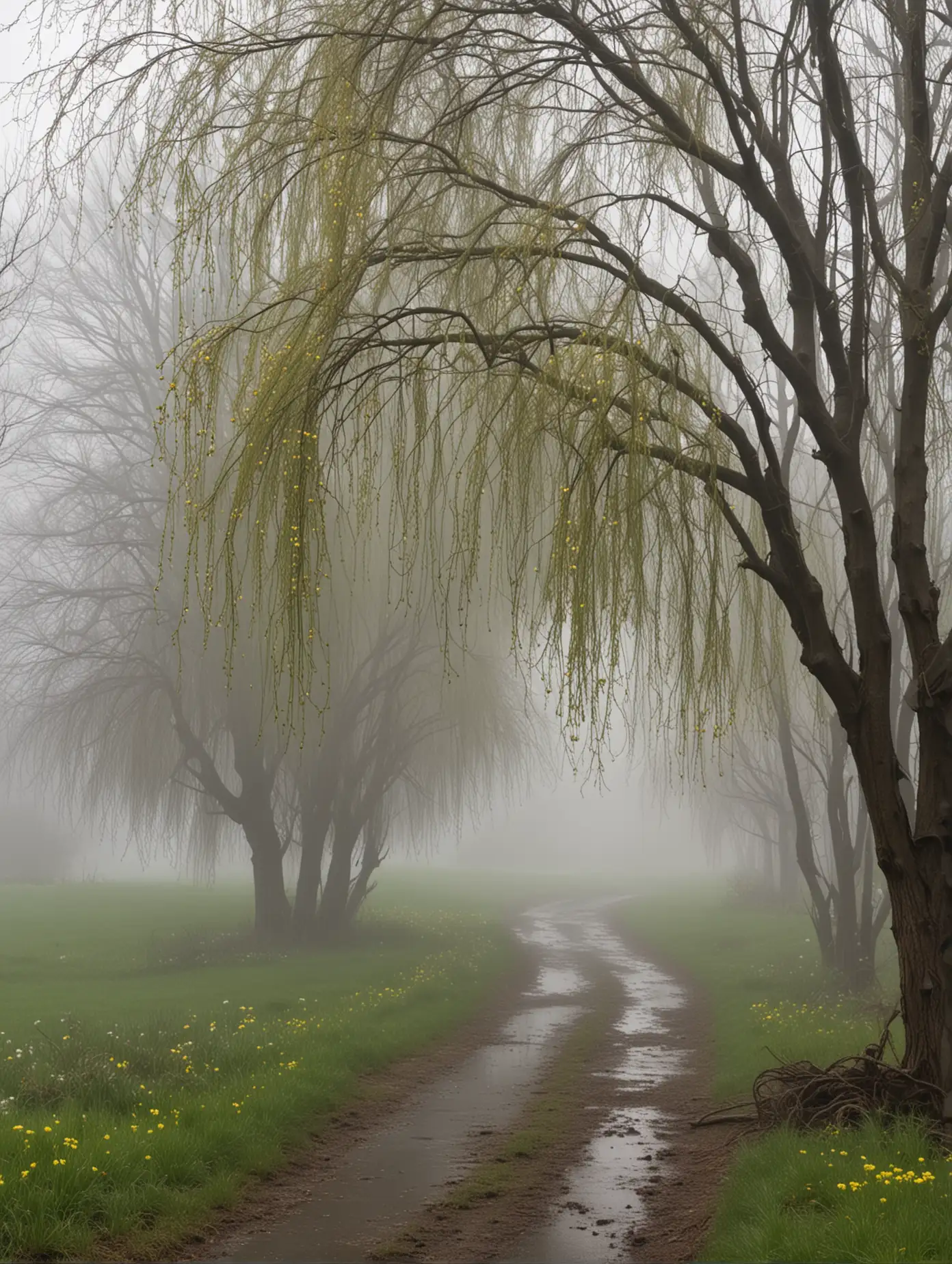 Spring rain with cold air, teasing early blooming flowers, fog spreading smoke-like, drooping willow trees, thick mist and smoke quietly urging late spring's twilight.