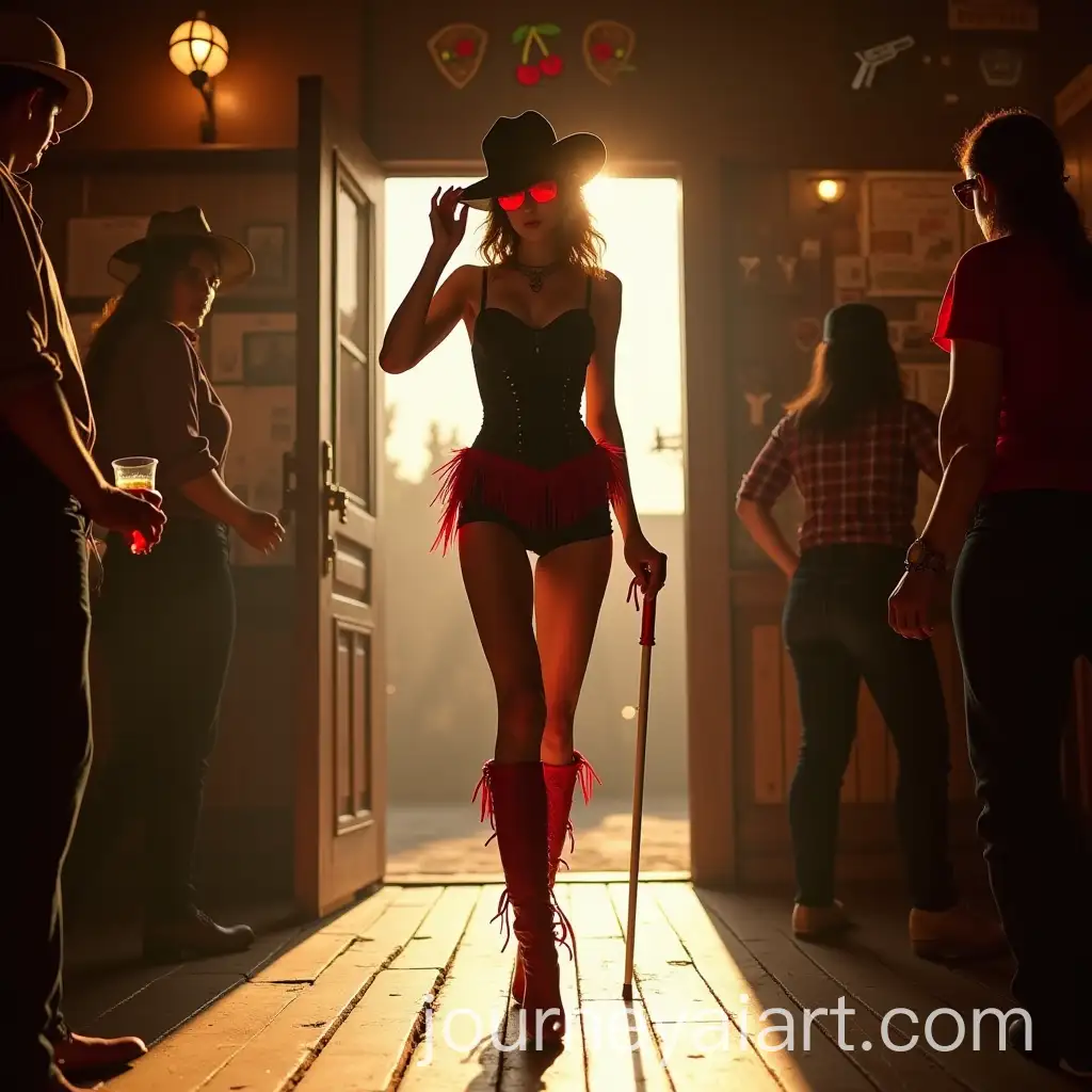 Blind-Cowgirl-Entering-Saloon-with-RubyRed-Sunglasses-and-Red-Fringe-Corset