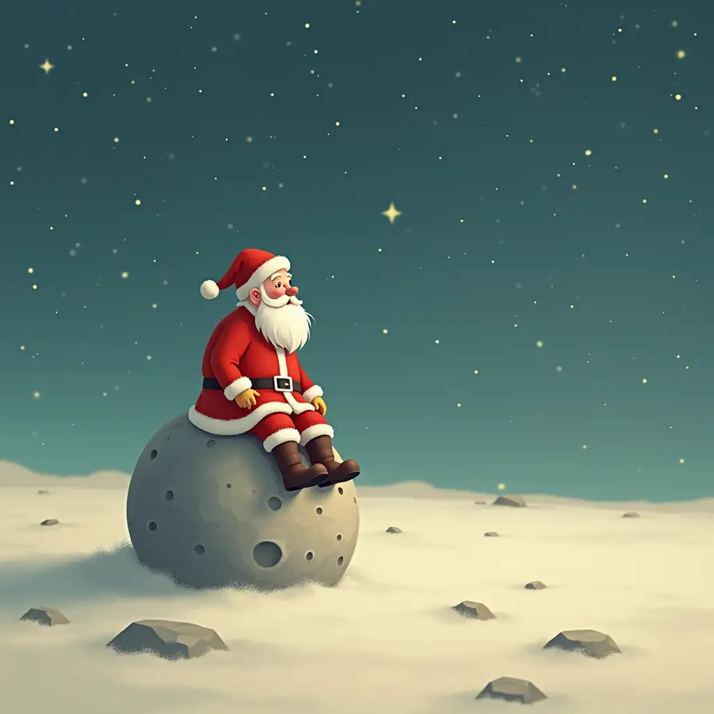 A quirky digital illustration of a cartoon Santa Claus, delicately rendered in soft pastel shades, sitting on a small cratered moon, lost in thought as he stares out into the vast, starry expanse of empty space, his red suit colored against a subdued, celestial background, with a subtle  with texture and gentle shading giving depth to the minimalistic composition, evoking a sense of wonder and contemplation, as if contemplating the mysteries of the cosmos, amid the eerie silence of the moon's surface.