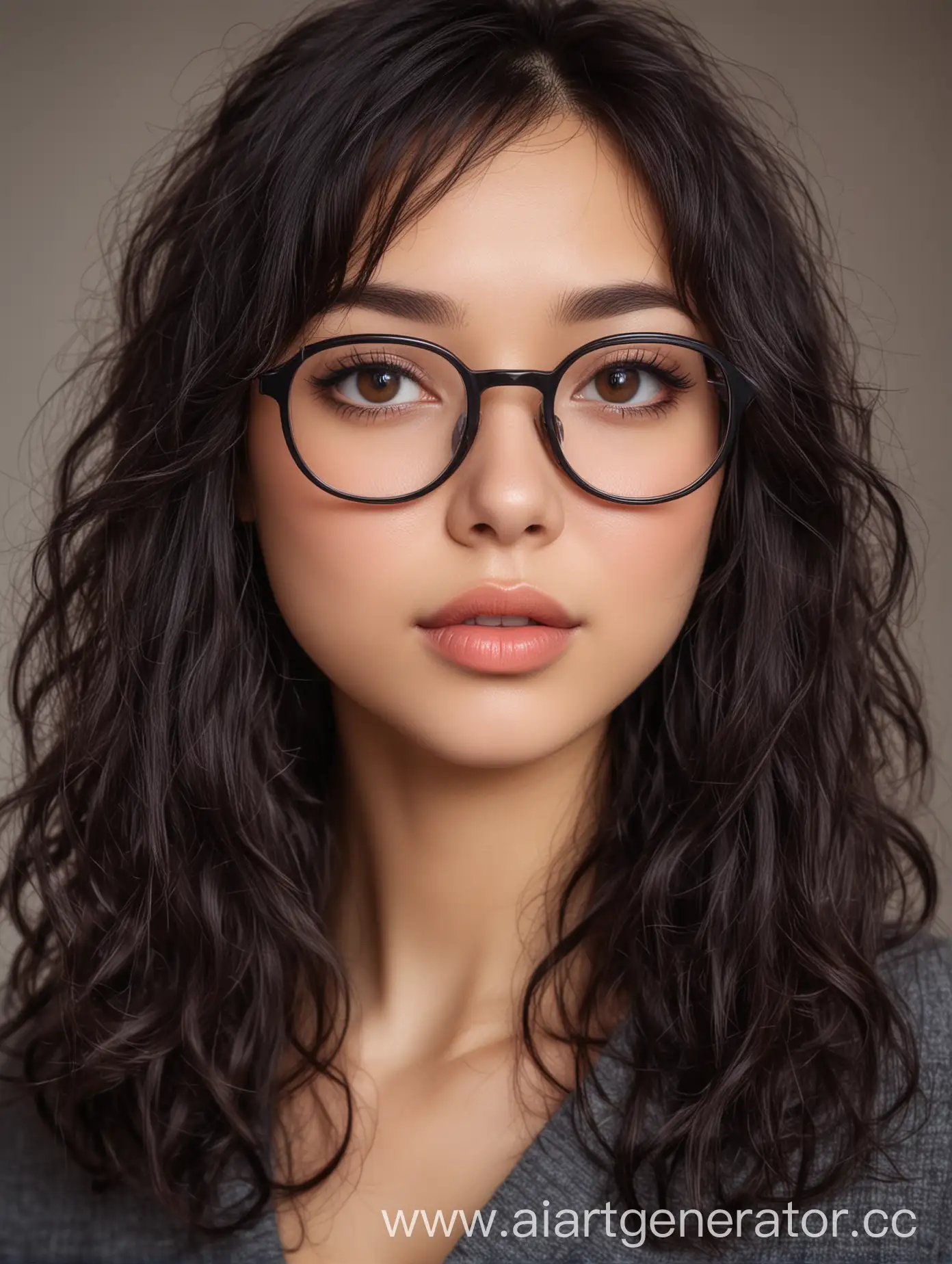 Girl 31 years old, straight nose, plump lips, mixture of Japanese and Russian appearance, brown eyes, black hair, Tatyana from Kirov, bangs, 68 kg, 172 cm height, oval elongated face, big round glasses, plump cheeks, shoulder length curly hair, brown eyeliner