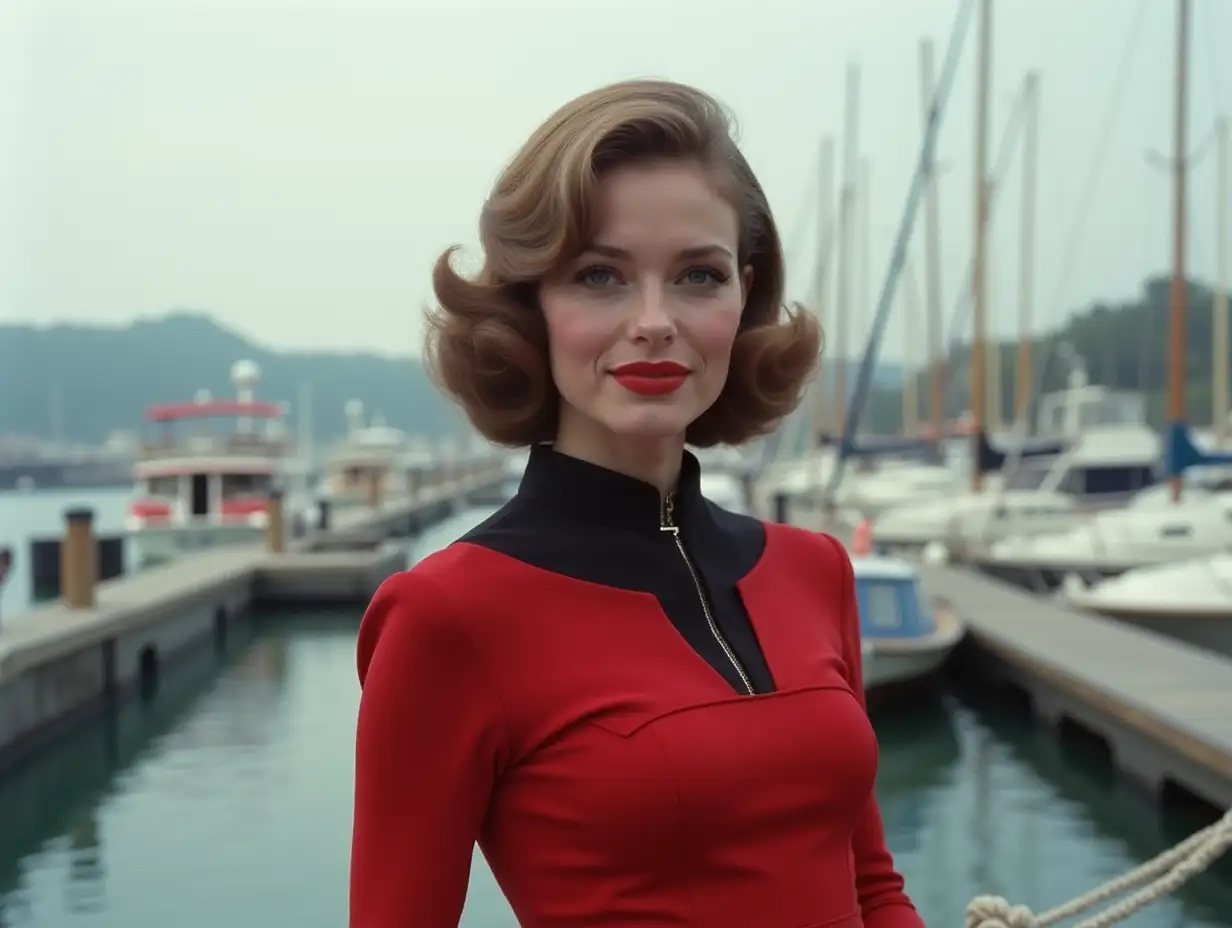 Pretty woman with red black dress 60s decade at the harbor portrait 75mm