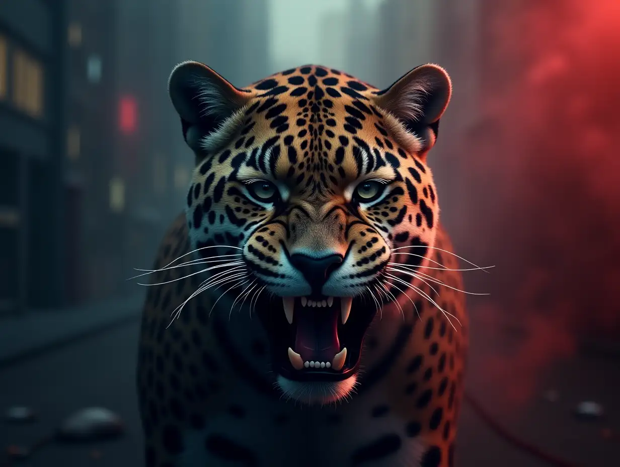 Highly detailed, photographic image of a jaguar's face, slightly snarling, with a light smoke coming out of its eyes, set on a futuristic urban background in a blurry bloody fog, for placement on a logo