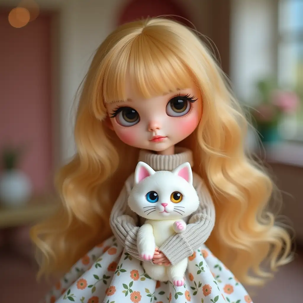 Blythe doll,with loose blonde hair, without bangs , with black eyes, with a beautiful white cat with One eye is blue, the other eye is yellow ,on her hands ,in beautiful dollhouse